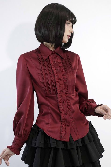 Warlock Aesthetic Outfit, Vampirecore Clothes, Gothic Red Outfit, Red Aesthetic Clothing, Wine Red Outfit Ideas, Wine Red Skirt Outfit, Jazz Aesthetic Clothing, Red Goth Outfits, Wine Blouse