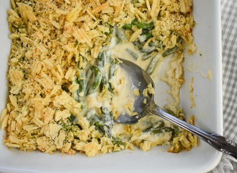 Creamy Low-FODMAP Green Bean Casserole; Gluten-free, Vegetarian | Rachel Pauls Food Fresh Green Bean Casserole Recipes, Sweet Savory And Steph, Fresh Green Bean Casserole, Trisha's Southern Kitchen, Trisha Yearwood Recipes, Green Bean Casserole Recipe, Mushroom Cream Sauces, Greenbean Casserole Recipe, Southern Kitchen