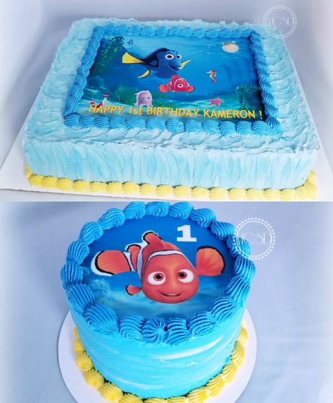 Finding Nemo 1st Birthday Cake & Smash Cake Nemo Smash Cake First Birthdays, Finding Nemo Sheet Cake, Finding Nemo Birthday Cake Ideas, Nemo Birthday Party Cake, Finding Nemo Cakes, Finding Nemo First Birthday Cake, Finding Nemo Smash Cake, Nemo Cake Ideas, Finding Nemo 1st Birthday