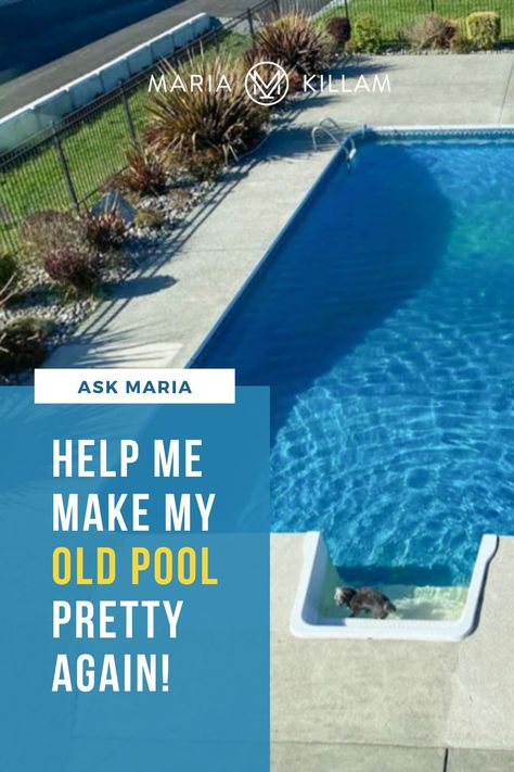 Here’s some expert advice for making an old pool beautiful again. Plus, my best tips for all the right colour choices for pool materials and landscaping to create the most classic and timeless pool whether you are improving your existing pool or adding a new one. Redoing Pool Deck, Boring Pool Makeover, Inground Pool Landscaping On A Budget, Pool Concrete Resurfacing, Pool Makeover Before And After, Pool Paint Colors Inground, Pool Renovation Ideas, Pool Renovation Before And After, Pool Resurfacing Ideas