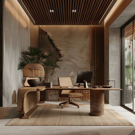 Bali Inspired Office, Modern Industrial Office Design Ideas, Rustic Office Interior Design, Men Office Design, Industrial Modern Office Design, Home Office Wood Paneling, Md Office Design Interiors, Japandi Office Interior, Office Cabin Interiors