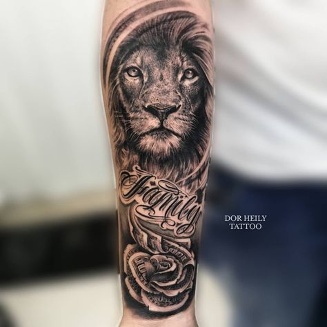 #Lion #Family #Dollar'sRose #FirstTattoo Lion Rose Tattoo, Wife Name Tattoo, Lion And Rose Tattoo, Last Name Tattoos, Name Tattoos On Arm, Family First Tattoo, Lion Forearm Tattoos, Family Word, Lioness Tattoo