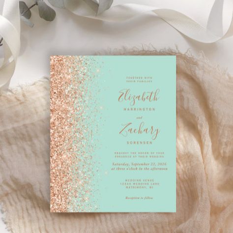 $1.28 | Budget Mint Green Peach Glitter Wedding Invite #budget, elegant, modern, handwriting script, trendy, faux glitter, chic, peach mint green Modern Handwriting, Handwriting Script, Budget Wedding Invitations, Glitter Wedding Invitations, Glitter Wedding, Wedding Invite, Wedding Paper, Budget Wedding, Handwriting