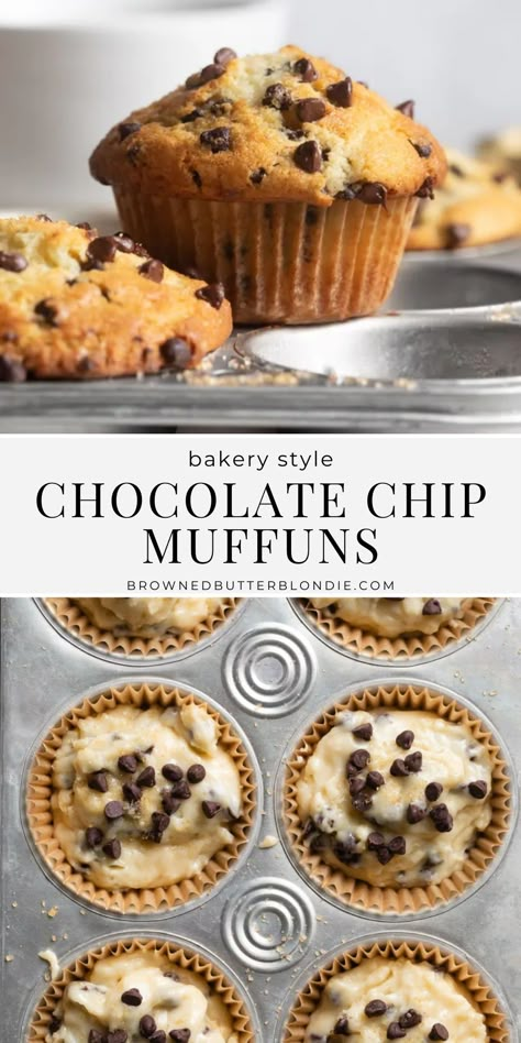 Make these light and fluffy bakery style chocolate chip muffins in minutes with just a bowl and a whisk. The perfect breakfast treat recipe! | Browned Butter Blondie One Bowl Muffins, Chocolate Chips Muffins Recipe, Muffins Recipes Chocolate Chip, Chocolate Chip Muffins Sour Cream, Coffee Shop Food Ideas, Muffin Recipes Chocolate Chip, Choc Chip Muffins Recipe, Bakery Style Chocolate Chip Muffins, Chocolate Chip Desserts