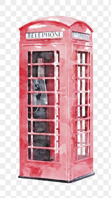 Book Png Aesthetic, Watercolor London, London Watercolor, Aesthetic Transparent, London Telephone Booth, London Phone Booth, British Aesthetic, London Drawing, Illustration Elements