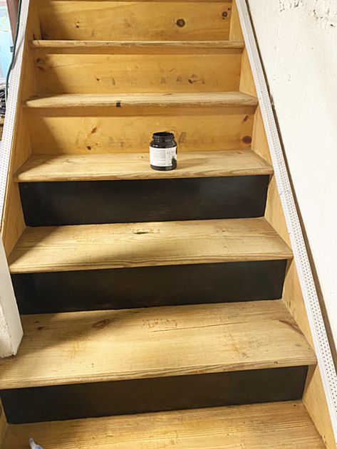 DIY painted stairs Diy Basement Stairwell Makeover, Wood Basement Stairs, Update Basement Stairs, Cheap Basement Stair Makeover, Staining Basement Stairs, Painted Plywood Stairs, Repaint Stairs, Refinish Basement Stairs, Finish Basement Stairs