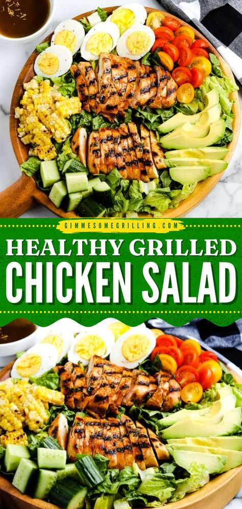 A delicious Grilled Chicken Salad that starts with a marinated, grilled chicken breast that’s piled on a bed of lettuce, hard boiled eggs, tomatoes, grilled corn, cucumbers and avocados. This healthy, delicious salad is perfect for all your summer meals! Grilled Chicken Salad Recipes, Chicken Breast Salad, Mediterranean Foods, Grilled Chicken Breast, Healthy Chicken Salad, Chicken Salad Recipe, Salad Ideas, Best Salad Recipes, Grilled Chicken Salad