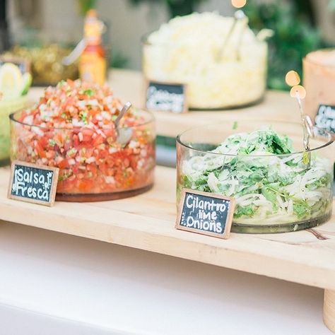 Everyone's favorite food. Taco Bar Wedding, Wedding Food Bars, Wedding Food Display, Cocktail Hour Food, Wedding Food Stations, Wedding Food Drink, Cocktail Hour Wedding, Reception Food, Wedding Reception Food