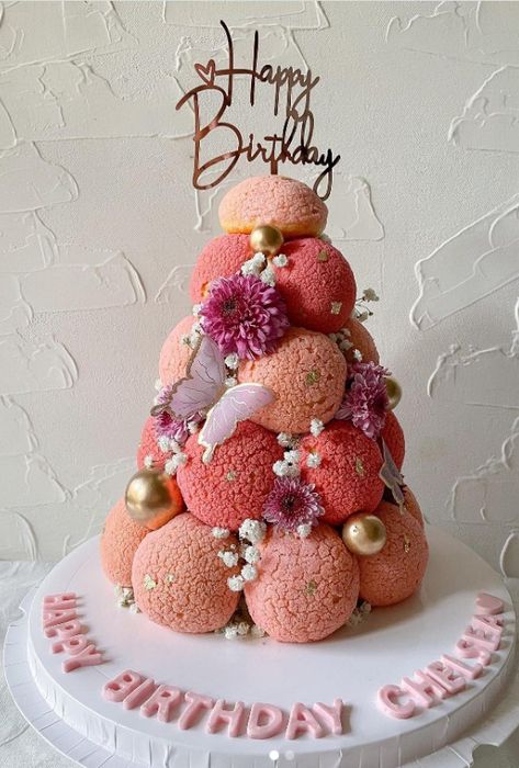 Choux Pastry Tower, Choux Tower Birthday, Profiteroles Cake, Croquembouche Tower, Choux Tower, Cream Puff Tower, Dessert Tower, Cream Puff Cakes, Donut Birthday Cake