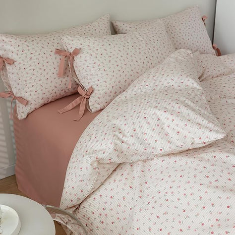 Coquette Closet, Pink Bed Sheets, Aesthetic Bedding, Floral Print Bedding, Sewing Furniture, White Duvet Covers, Floral Duvet Cover, Bedding Duvet, White Duvet