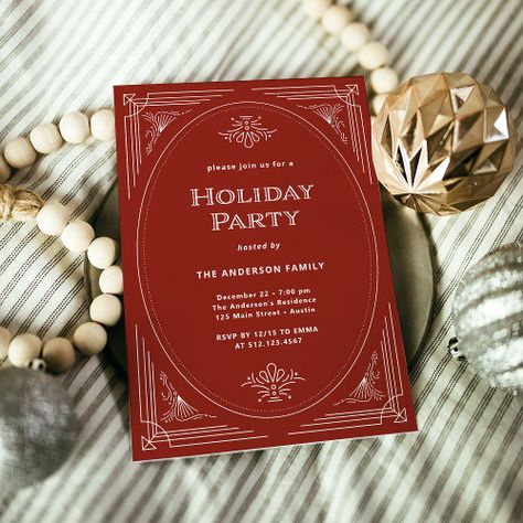 $2.93 | Modern Deco | Elegant Red Holiday Party - christmas holiday party, elegant, art deco, twenties 1920s, glamorous, red and white, vintage, classic and traditional, unique, cocktail party Christmas Wedding Invites Invitation Ideas, Christmas Gala Invitation, Christmas Itinerary Template, Holiday Gala Decor, Red And White Graphic Design, Invitation Card Design Christmas, Holiday Invite Design, Christmas Invite Design, Christmas Card Design Ideas Graphics