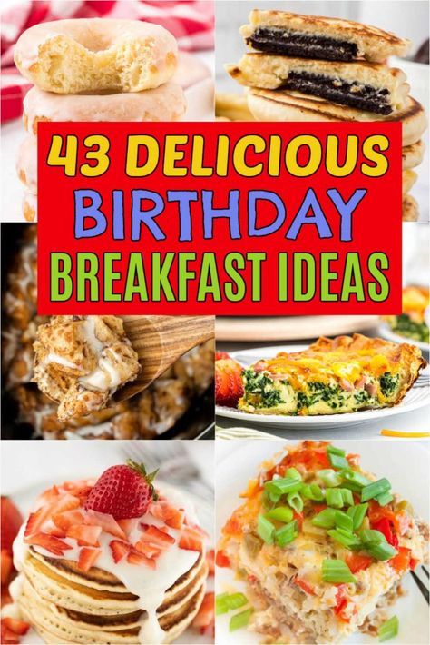 Start their Birthday off right with these Birthday Breakfast Ideas that the entire family will love. Make their Birthday special by making breakfast waffles with sprinkles. These ideas are great for kids or for mom or for dad too! You’ll love these easy sweet and savory birthday breakfast recipes. #eatingonadime #breakfastrecipes #birthdayfood #breakfastideas Birthday Breakfast Ideas, Birthday Breakfast For Husband, Breakfast Egg Casserole Recipes, Cinnamon Swirl Bread Recipe, Swirl Bread Recipe, Best Pumpkin Bread Recipe, Blueberry Pancakes Recipe, Cinnamon Roll French Toast, Quiche Recipes Easy