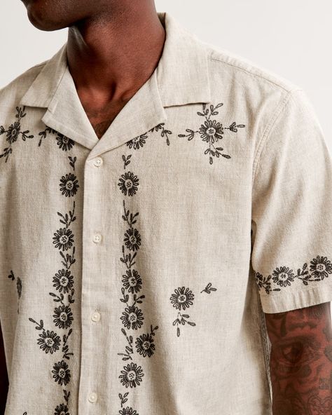 Men's Camp Collar Summer Linen-Blend Embroidered Shirt | Men's Tops | Abercrombie.com Stylish Shirts Men, Guy Fits, Mens Casual Dress Outfits, Brown Pattern, Mens Fashion Classy, Summer Linen, Shirt Embroidery, Men's Tops, Urban Dresses