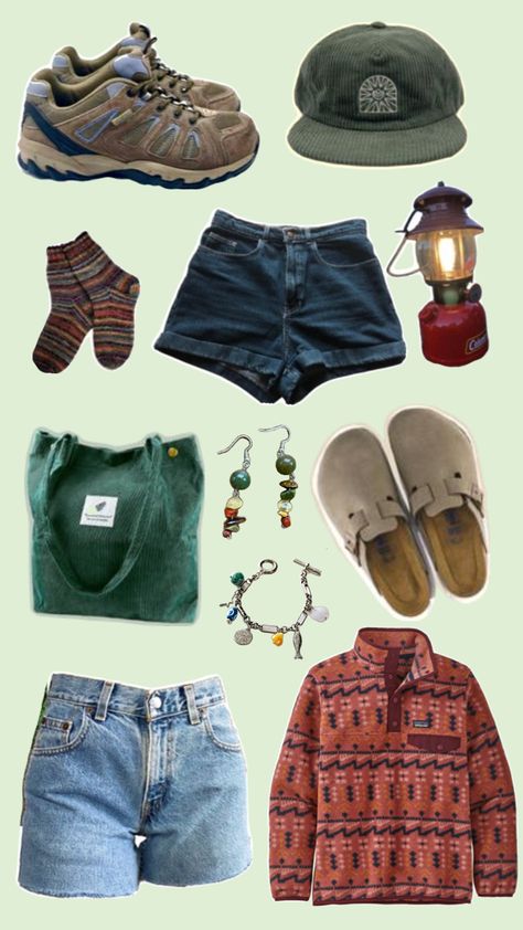 Granola girl aesthetic outfits collage, Patagonia synchilla fleece, hiking boots, Birkenstock clogs, Jean shorts, long Jean shorts, lantern, tote bag, green, cute socks, green hat, jewelry, beaded jewelry, charm bracelet, earrings, North West Outfits, Camping Aesthetic Outfits, Mountain Outfits, Granola Girl Aesthetic Outfits, Granola Girl Style, Outdoorsy Outfits, Granola Girl Outfits, Granola Outfits, Granola Style