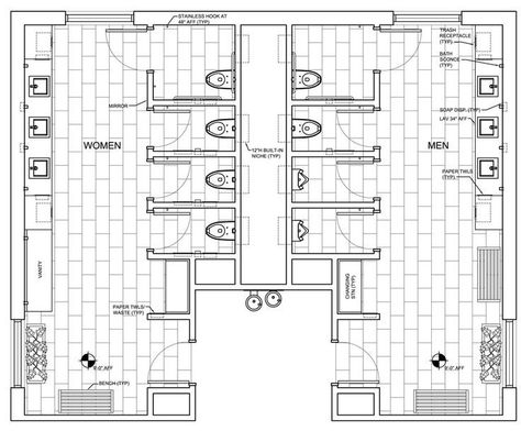 Restaurant Floor Plans: 8 Ideas To Inspire Your Next Location | Sling Architecture Dimensions, تصميم دورة مياه, Toilet Dimensions, Public Restroom Design, Toilet Plan, Restaurant Floor Plan, Bathroom Design Plans, Public Bathroom, Restaurant Bathroom