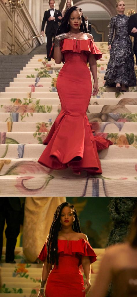 Rating the Fake Met Gala Red Carpet Looks of "Ocean's 8" | Tom + Lorenzo Red Rihanna, Rihanna Red Dress, Off The Shoulder Mermaid Dress, Rihanna Red Carpet, Rihanna Dress, Red Off Shoulder Dress, Met Gala Dresses, Dresses Wedding Guest, Met Gala Red Carpet