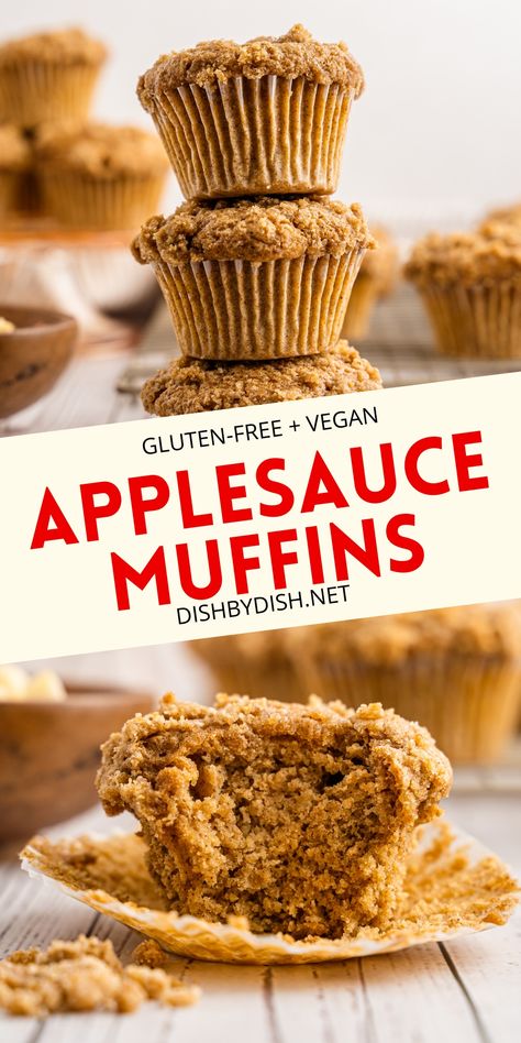 Collage of images of applesauce muffins. Gluten Free Applesauce Muffins, Vegan Applesauce Muffins, Oatmeal Applesauce Muffins, Gluten Free Apple Muffins, Applesauce Muffin Recipe, Gf Muffins, Healthy Breads, Breakfast Baking, Gluten Free Pumpkin Muffins