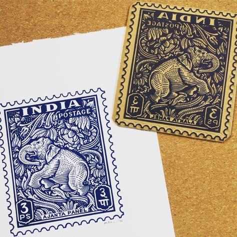 A handmade, limited edition linocut print of a beautiful 1949 Indian postage stamp featuring an ancient painting of an elephant from the Ajanta Caves. . #elephant #indiapostagestamp #postagestamp #linocut #linocutprint #linoprint #printmaking #printmaker #linogravure #linograbado #linografia #linolschnitt #linoldruck #inkshedpress #art Elephant India, Ajanta Caves, Lino Art, Ancient Paintings, Linocut Art, An Elephant, Linocut Prints, Postage Stamp, Linocut