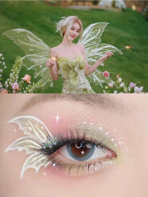 Kawaii Green Makeup, Fairy Makeup Aesthetic, Fairy Inspired Makeup, Fairy Eyeshadow, Fairy Makeup Ideas, Butterfly Eye Makeup, Windows To The Soul, Cute Eye Makeup, Kawaii Makeup