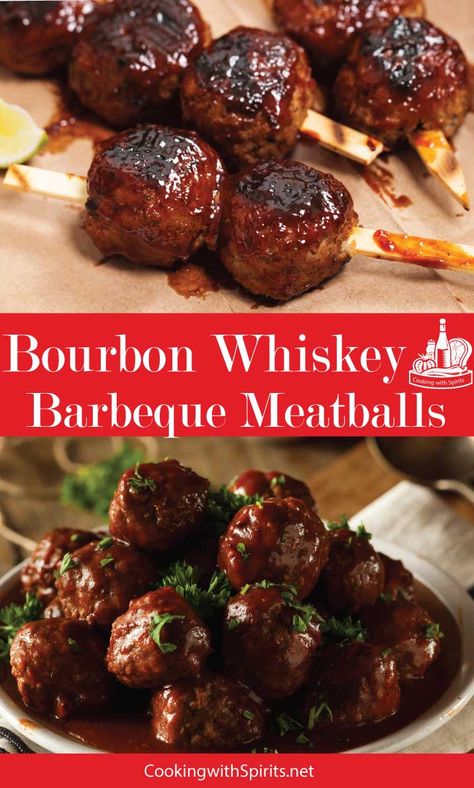 Bourbon Whiskey BBQ Meatballs - Cooking With Spirits Cooking With Bourbon, Bourbon Meatballs, Barbecue Meatballs, Bourbon Recipes, Bbq Meatballs, Meatball Recipes Easy, Derby Party, Snacks Für Party, Ground Meat