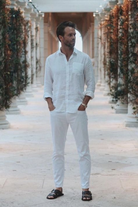 Wedding Guest Outfit Men, All White Party Outfits, Beach Wedding Outfit, Beach Outfit Men, Beach Wedding White, White Party Outfit, Outfit Verano, Party Outfit Men, Summer Shirts Men