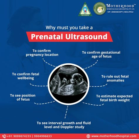 Why must you take a Prenatal Ultrasound? • To confirm pregnancy location • To confirm gestational age of fetus • To confirm fetal wellbeing • To rule out fetal anomalies • To see interval growth and fluid level and Doppler study • To estimate expected fetal birth weight • To see position of fetus For more details Call: +91 9099074235 | 9904996633 #Sonography #3dsonography #4dSonography #FetalMedicine #MotherhoodHospital #Ahmedabad Gestational Age, Prenatal, Ultrasound, Ahmedabad, Medicine, Take That, Quick Saves