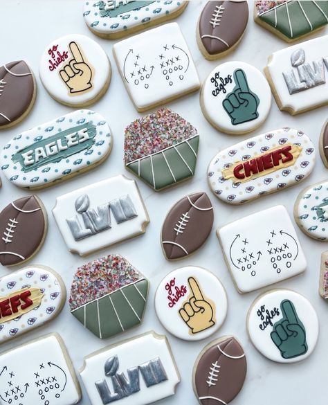 Football Season Decorated Cookies, Stadium Cookies Decorated, Razorback Cookies Decorated, Super Bowl Decorated Cookies, Super Bowl Sugar Cookies, Football Royal Icing Cookies, Super Bowl Cookies Decorated, Eagles Cookies, Football Decorated Cookies