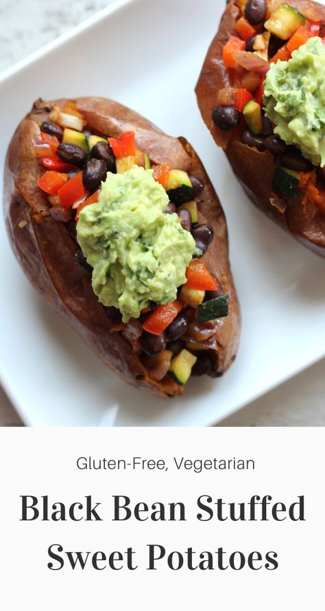 These Mexican-inspired black bean stuffed sweet potatoes are a easy meal with maximal flavour! Made with black beans, bell peppers, zucchini, spices and topped with avocado, these stuffed sweet potatoes are a hearty and healthy lunch or dinner idea. This recipe is vegetarian, vegan and gluten-free. Simple Guacamole, Stuffed Sweet Potatoes, Healthy Vegan Dinner, Vegan Sour Cream, Daniel Fast, Tasty Vegetarian Recipes, Baked Sweet Potato, Health Dinner Recipes, Potatoes Recipe