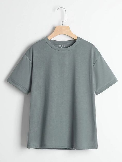 Solid Round Neck Tee | SHEIN Baggy Tshirt, Plain Tee Shirts, 70 Outfits, Boyfriend Tshirt, Baggy Tee, Drop Shoulder Tee, Clothing Mockup, Plain Tees, Round Neck Tees