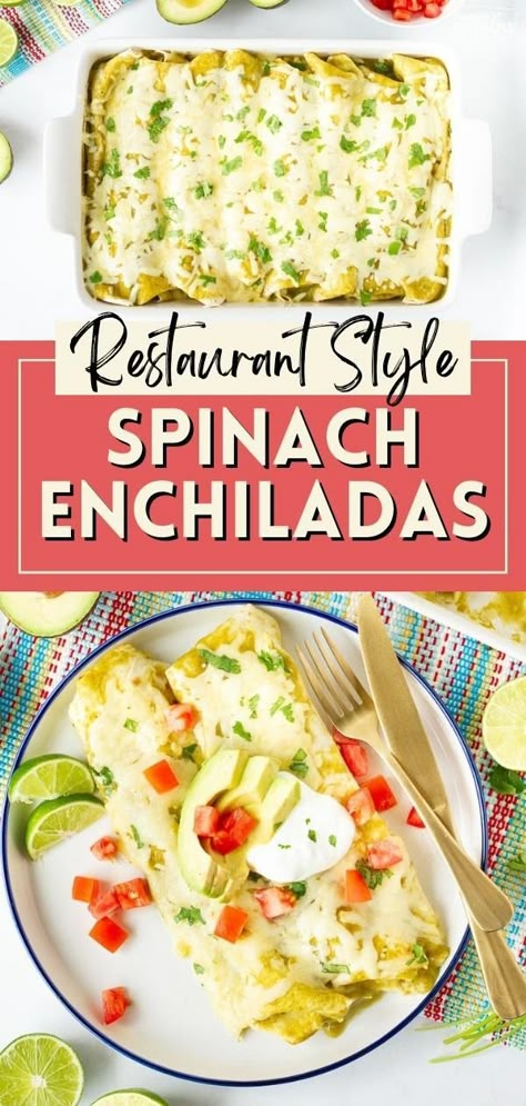 Spinach Enchiladas are loaded with spinach and cheese, and topped with a green enchilada sauce. They are my favorite entrée at a local Mexican restaurant, but now you can replicate this recipe in your own kitchen. Fresh ingredients and a homemade green enchilada sauce combine together to make this one of the best enchiladas you’ve ever tasted. Homemade Green Enchilada Sauce, Spinach Enchiladas, Best Enchiladas, Vegetarian Enchiladas, Green Enchilada Sauce, Mexican Food Recipes Easy, Favorite Dessert Recipes, Enchilada Recipes, Spinach And Cheese