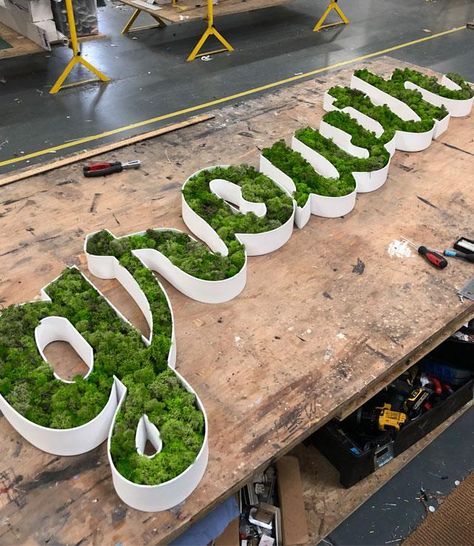 Moss Signs & Letters – Goodwin & Goodwin™ - London Sign Makers Moss Letters, Green Sign, Diy Neon Sign, London Sign, Moss Walls, Vegetable Decoration, Signage Ideas, Mall Decor, Storefront Signs