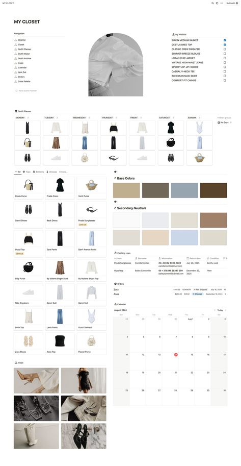 Notion Template Wardrobe Manager Notion Outfit Planner Digital Closet Organizer Style Management Template Notion Fashion Dashboard Clothing - Etsy Outfit Planning Aesthetic, Fashion Notion Template, Notion Outfit Planner, Notion Wardrobe Template, Notion Wardrobe, Notion Wishlist, Notion Monthly Planner, Wardrobe Template, Notion Notes