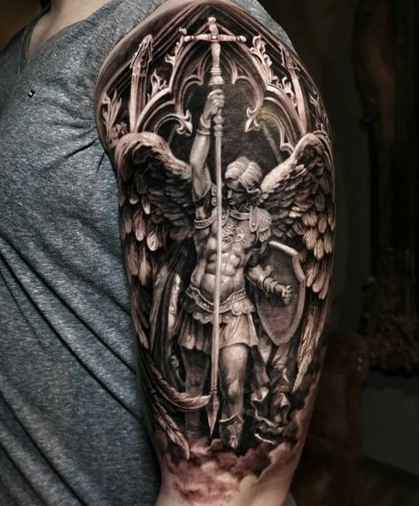 Crazy Realistic Statue Piece Religious Tattoo Sleeves, Religous Tattoo, Christus Tattoo, Archangel Michael Tattoo, St Michael Tattoo, Roman Tattoo, Archangel Tattoo, Heaven Tattoos, Realistic Tattoo Sleeve