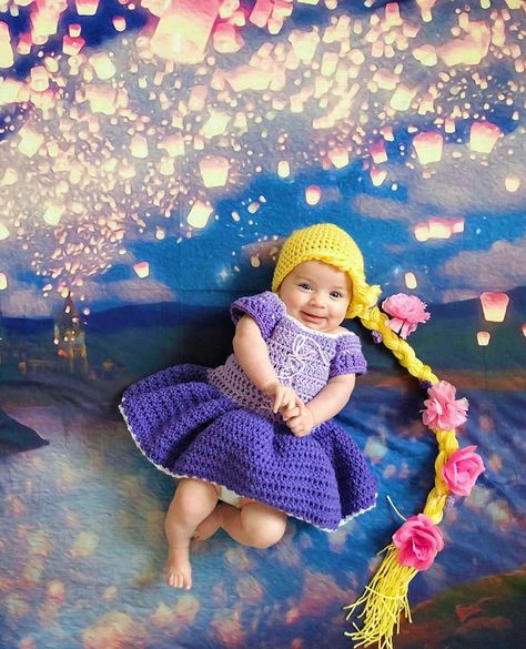 Disney Princess Crochet Dress, Disney Princess Crochet, Disney Crochet, Baby Shoot, Disney Rapunzel, Photoshoot Concept, Baby Princess, Baby Disney, Party Cakes