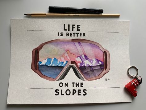 Ski Goggles Drawing, Ski Drawing Simple, Skiing Drawing, Ski Drawing, Mountain Wood Art, Paint And Drink, Ski Art, Aquarelle Art, Mountain Drawing