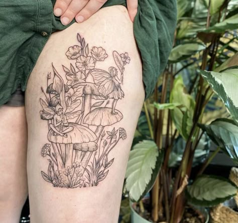 Garden Fairy Tattoo Sleeve, Fairy In Garden Tattoo, Mushroom Fairy Garden Tattoo, Fairy Garden Sleeve Tattoo, Fairy Sitting On Mushroom Tattoo, Fairy Garden Tattoo Ideas, Mushroom Garden Tattoo, Fairycore Tattoo Ideas, Fairy Garden Tattoo Sleeve