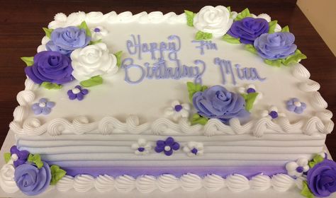 Purple Square Cake Birthday, Birthday Cake With Purple Flowers, Purple Sheet Cake Ideas, Purple Sheet Cake, Pansy Cake, Rectangle Cakes, Purple Flower Cake, Rain Cake, Square Birthday Cake