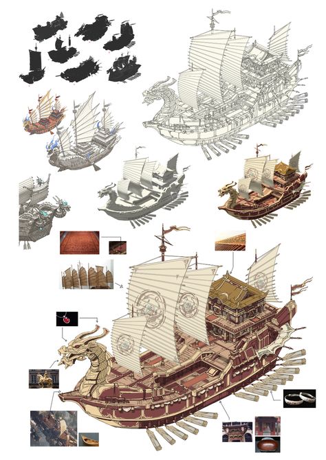 ArtStation - Three Kingdoms era dragon boat Dragon Ship Art, Boat Fantasy Art, One Piece Boat Pirate Ships, Fantasy Pirate Ship, Dnd Ship, Pirate Ship Design, Fantasy Ship, Transport Ship, Navi A Vela