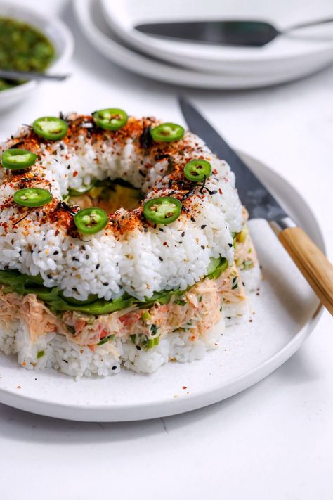 Sushi Bundt Cake - Food My Muse Avocado Sushi Cake, Sushi Bundt Cake Recipe, Sushi Bundt Cake, Sushi Cakes, Bunt Cake Recipe, Sandwich Cakes, Grain Dishes, Crab Sushi, California Roll Sushi