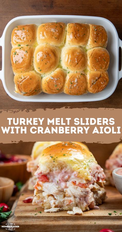 Turkey Melt Sliders with Cranberry Aioli feature King’s Hawaiian rolls filled with roasted turkey, provolone cheese, tomatoes, onions, and a sweet, tangy cranberry aioli. Before baking, the rolls are brushed with a savory herb butter topping, giving them a golden, flavorful finish. Garlic Butter Hawaiian Roll Sliders, Leftover Turkey Sliders Hawaiian Rolls, Sliders Recipes Hawaiian Rolls Turkey, Cranberry Aioli, Thanksgiving Leftovers Recipes, Using Leftover Turkey, Sliders Recipes Hawaiian Rolls, Turkey Melt, Sweet Potato Rolls