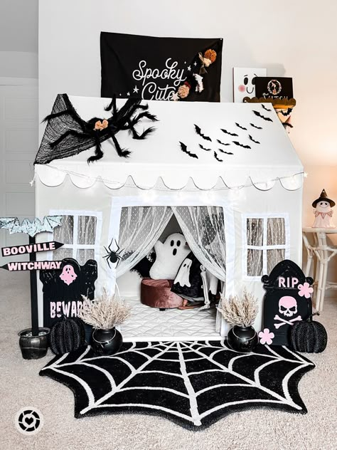 My kids LOVE this playhouse tent and I have so much fun decorating it for the different seasons! So affordable and adorable! #playroom #play #playhouse #halloweenideas #spookyspaces #girlroomdecor Gothic Playroom, Play Tent Decor, Playroom Seasonal Decor, Kids Room Halloween Decor, Halloween Playroom, Halloween Kids Room, Halloween Playhouse, Kids Playhouse Decor, Playhouse Decor