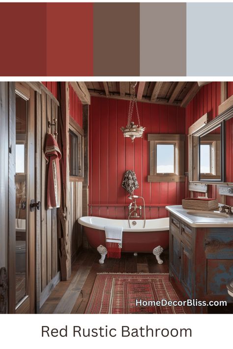 Rustic Bathroom Inspiration: Bold Red Panel Wall and Distressed Wood Furnishings Red Light Bathroom, Red Boho Bathroom, Red Living Room Walls, Cabin Inside, Rustic Color Schemes, Rustic Bathroom Ideas, Panel Walls, Red Bathroom, Rustic Room