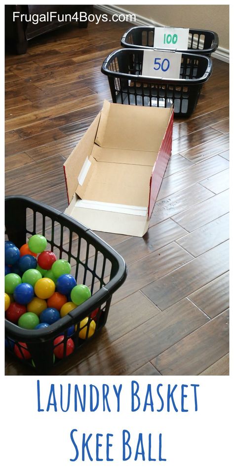 Laundry Basket Skee Ball with ball pit balls - what an awesome indoor active game for kids! Games Indoor, Ball Pit Balls, Diy Kids Games, Skee Ball, Educational Activities For Kids, Indoor Fun, Rainy Day Activities, Ball Pit, Toddler Fun