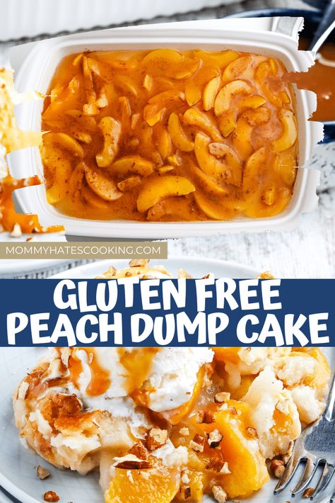 Store Bought Gluten Free Desserts, Dump Cake Recipes Gluten Free, Gluten Free Peach Cobbler Dump Cake, Gf Dump Cake Recipes, Gluten Free Peach Cookies, Recipes Using Gluten Free Bisquick, Gluten Free Peach Dump Cake, Paleo Dump Cake, Gluten Free Peach Desserts Easy