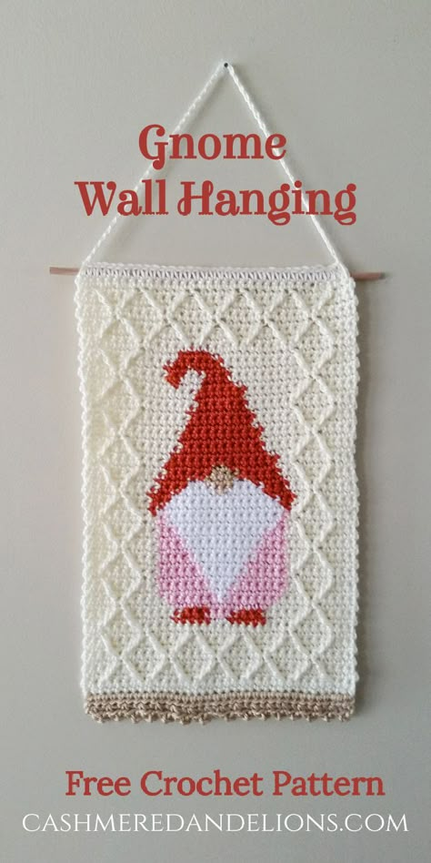 Free crochet pattern for a wall hanging featuring an adorable gnome framed in lattice! Crochet Patterns For Wall Hangings, Wall Hanging Crochet Free Pattern, Gonk Crochet Pattern Free, Crochet Wall Hangings Free Patterns, Crochet Door Hanging Free Pattern, Tapestry Crochet Christmas, Crochet Wall Art Pattern Free, Crochet Heart Wall Hanging Pattern Free, Free Crochet Wall Hanging Patterns