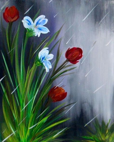 April showers bring pretty flowers Flowers In The Rain, Bathroom Painting, Whimsical Flowers, Painting Parties, Friend Painting, Wine And Canvas, 얼굴 그리기, Paint Nite, Christmas Lunch