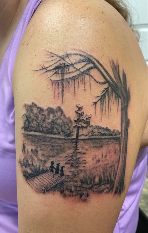 River Scene Tattoo, Florida Swamp Tattoo, Riverbank Tattoo, Stream Tattoo River, Everglades Tattoo, Swamp Tattoo Ideas, Family Silhouette Tattoo, Cliff Tattoo, Swamp Tattoo