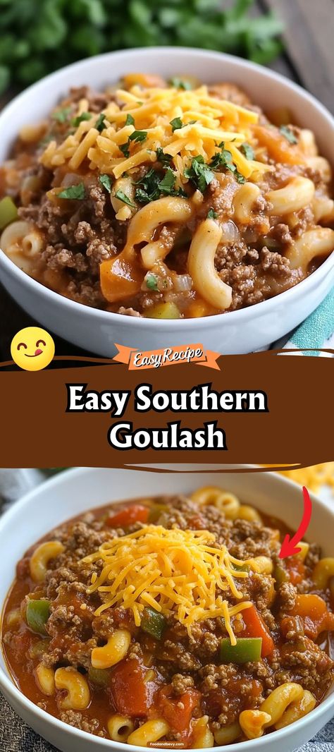 Southern Goulash is a robust, flavorful dish that combines simple ingredients like ground beef, tomatoes, and macaroni in a rich, savory sauce. This comforting meal is a staple in Southern kitchens, offering a filling and delicious option that's perfect for any day of the week. Hungarian Goulash Recipes, Ground Beef With Pasta, Southern Goulash, One Pot Goulash, Goulash Slow Cooker, Hamburger Dishes, Pasta Vegetables, Hearty Lunch, Goulash Recipes