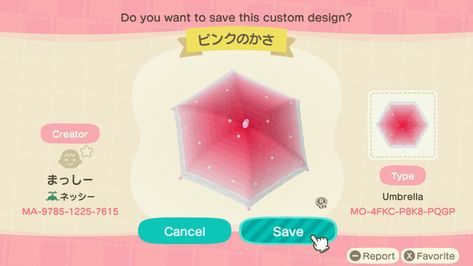 Acnh Parasol Design, Acnh Qr Codes, Umbrella Codes Acnh, Animal Crossing Design Codes Umbrella, Cute Acnh Clothing Codes, Animal Crossing Umbrella Code, Acnh Umbrella, Acnh Clothes Design Id Pink, Animal Crossing Hats