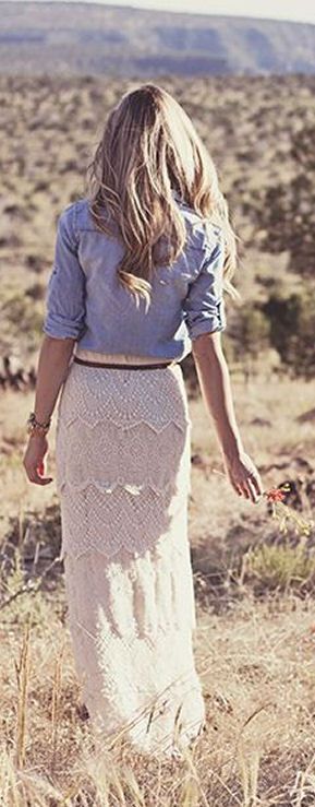 Lace maxi skirt & chambray blouse. Lace Maxi Skirt, Maxi Lace Skirt, Long Sleeve Denim Shirt, Bohol, Skirt Maxi, Nike Roshe, Skirt Outfit, Lace Maxi, Maxi Skirts